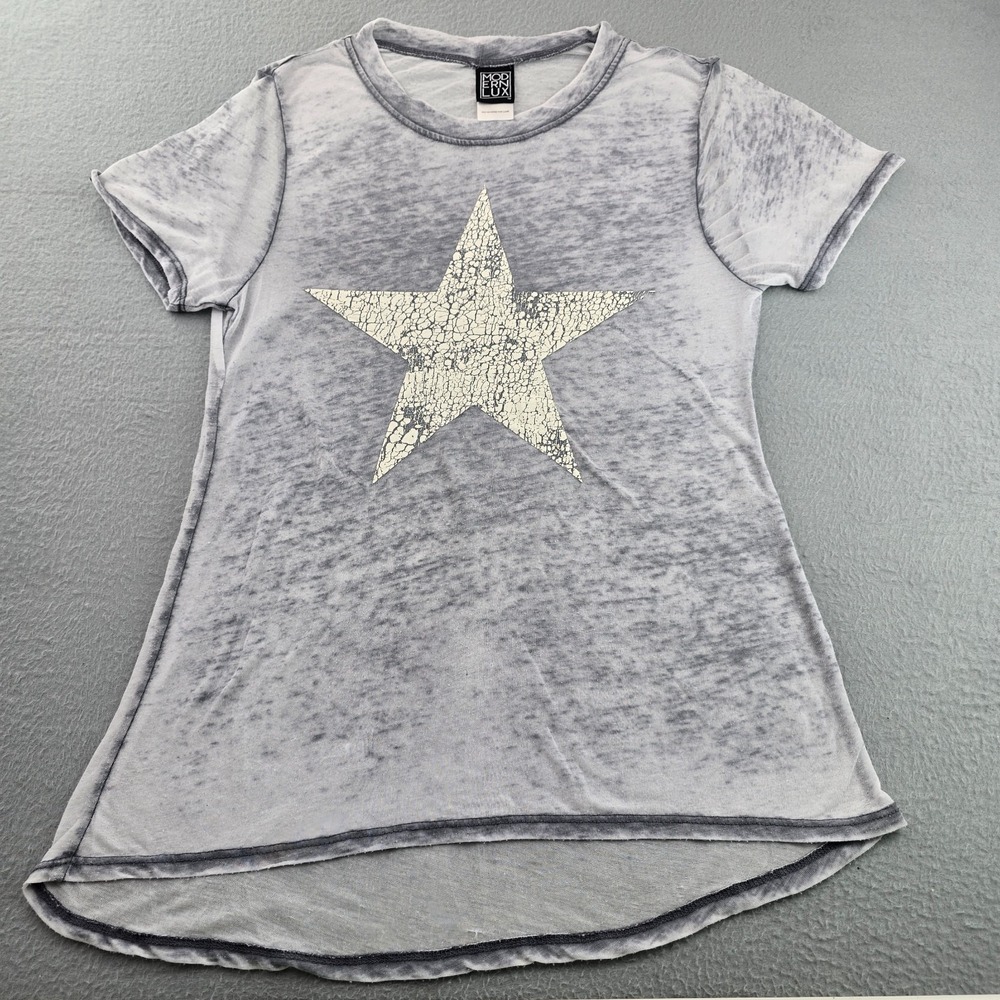 Modern Lux T-Shirt Womens S Gray Texture Star Graphic Acid Wash Finish High Low
